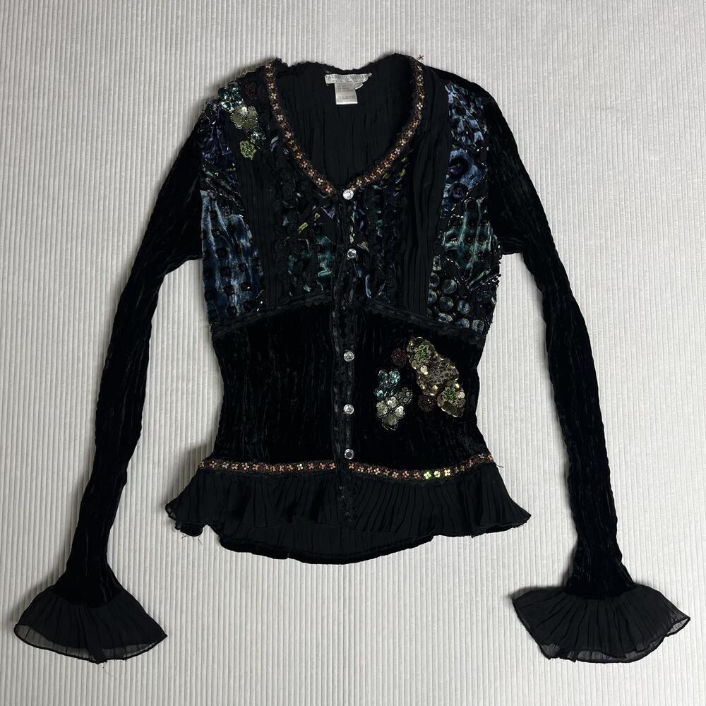 Alberto Makali Shirt Womens Small Black Velvet Beaded Sequin Bell Sleeve